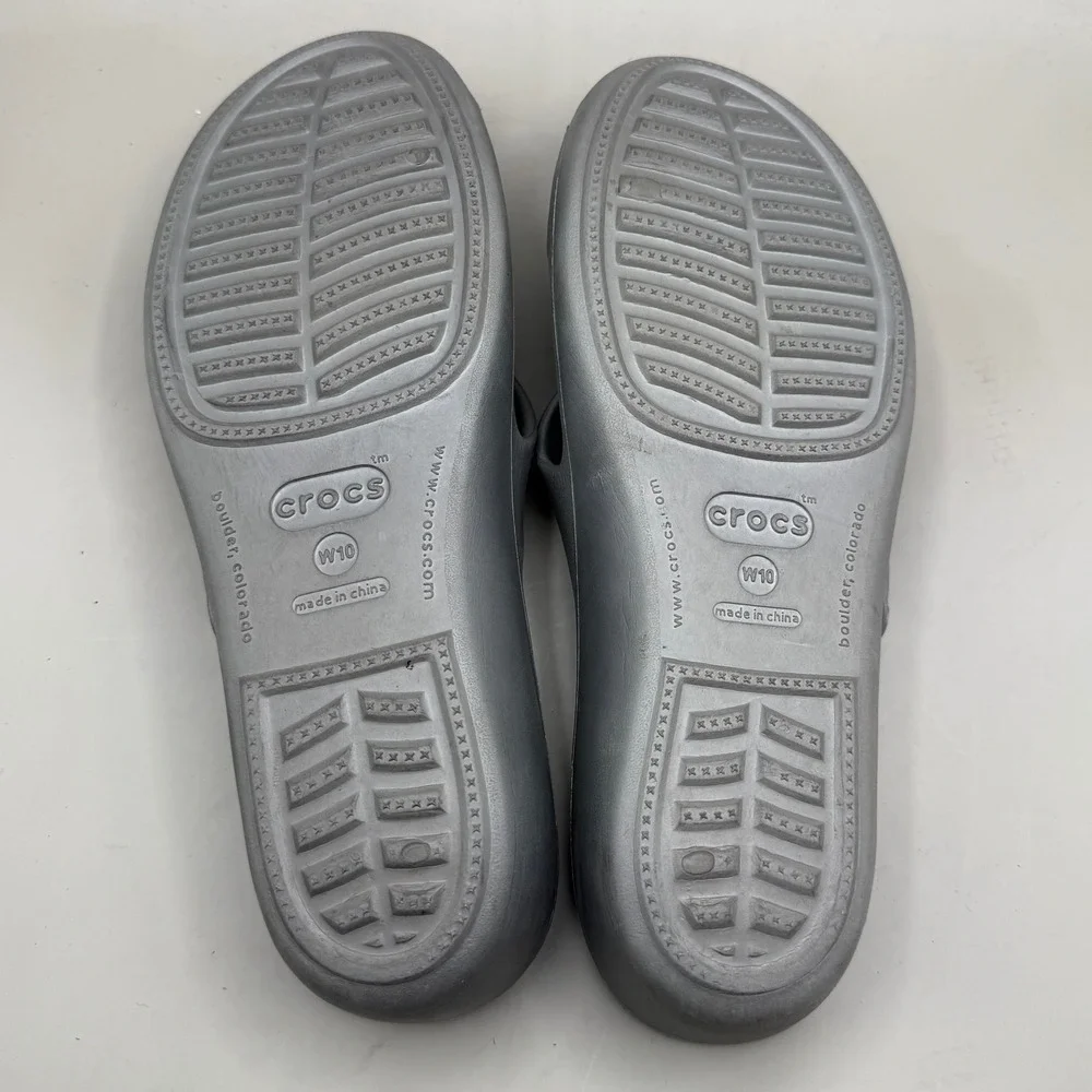 Crocs Patricia Wedge Sandals Womens 10 Multi-Strap Metallic Silver Black
